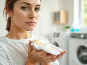 Kobieta usuwa zamrożoną kostką lodu gumę do żucia z materiału ubrania w jasnej pralni.