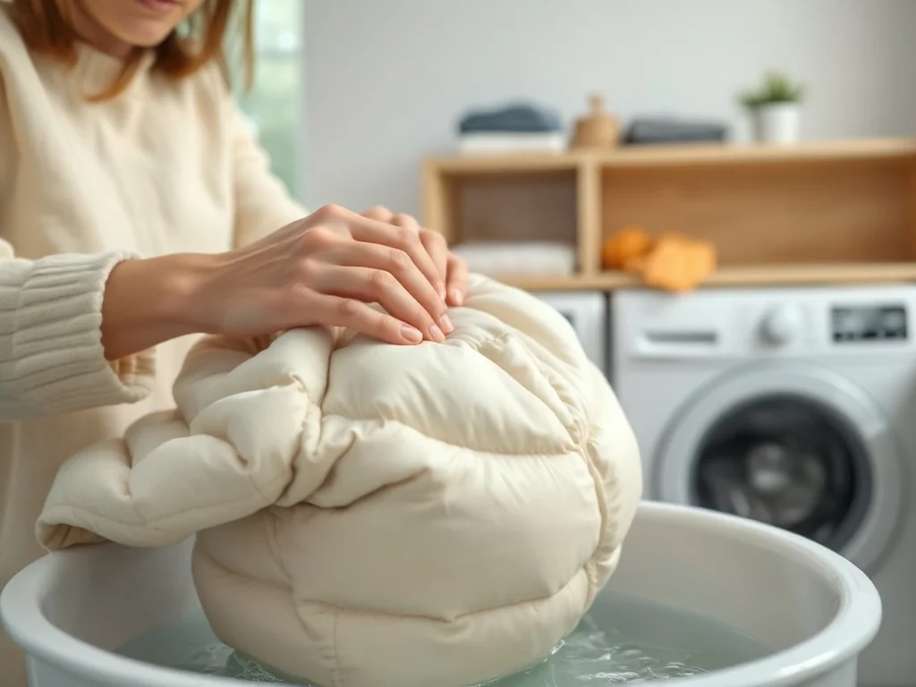 Kobieta delikatnie pierze puchową kurtkę w misce z wodą w jasnej, nowoczesnej pralni.