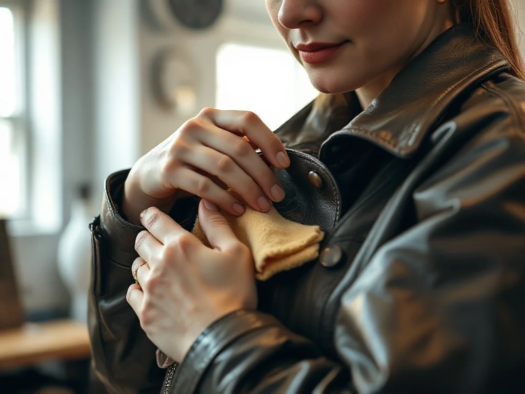 Kobieta czyści brązową skórzaną kurtkę miękką ściereczką z użyciem profesjonalnego preparatu pielęgnacyjnego.